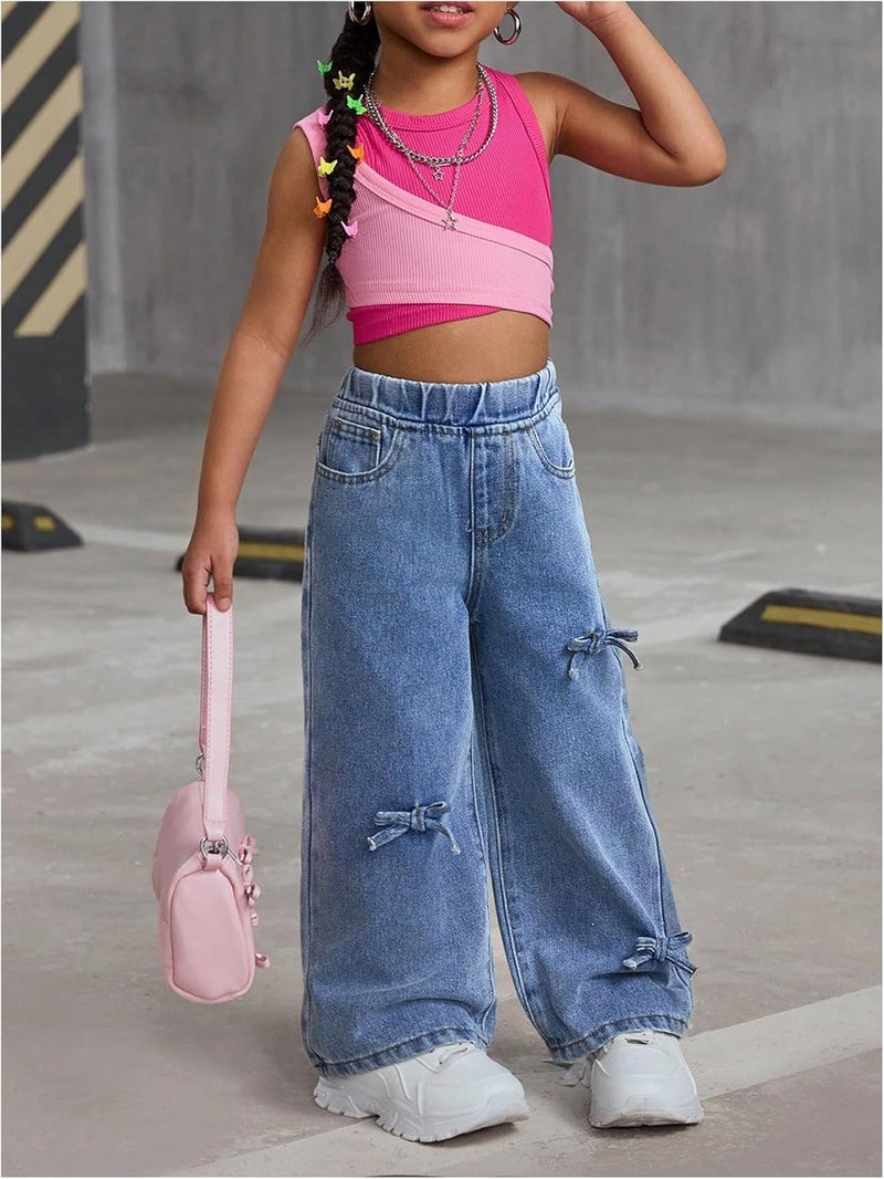 WDIRARA Girls' Bow Decor High Waisted Jeans Straight Leg Elastic Casual Denim Long Pants - Image 5